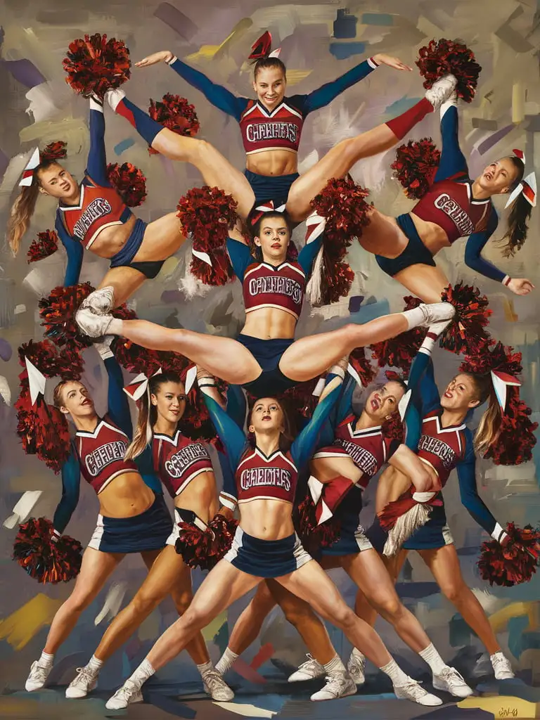 Contemporary-Painting-of-Synchronized-College-Cheerleaders-in-Dance-Formation