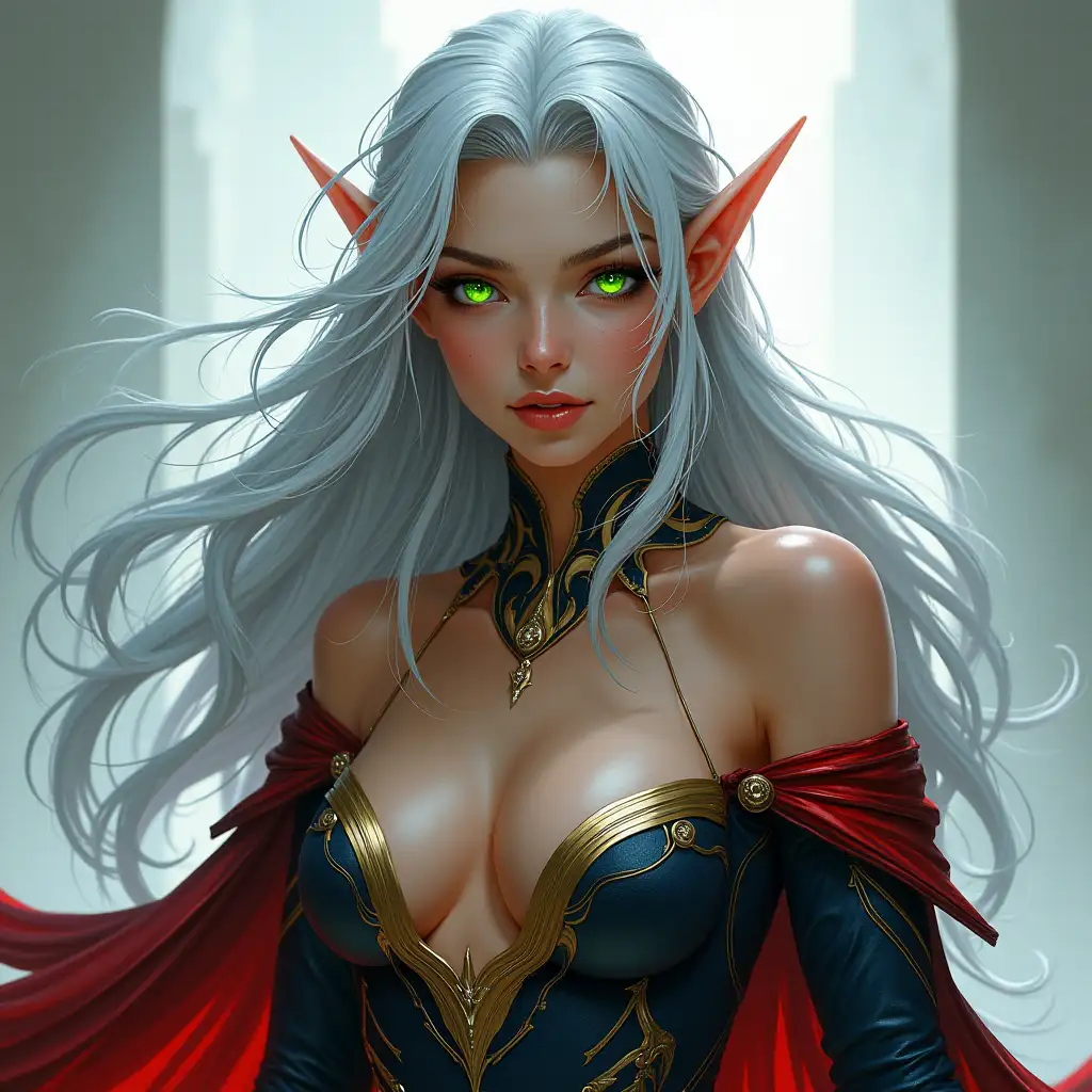 Imagine an elven lady with ethereal beauty: flowing silver hair, glowing green eyes, and elegant, revealing attire with gold and blue accents. Her presence is both graceful and commanding, exuding an air of confidence and allure. Her attire features striking red and black elements, adding a touch of boldness to her enchanting appearance.