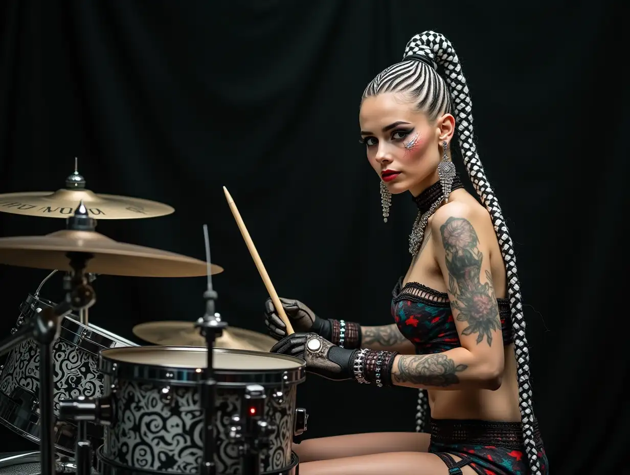 user_prompt: Hyperrealistic depiction of a beautiful white woman with a -tattoo, futuristic long black and white checkered braided hair and laced boots, playing drums with a sweet look at intricately detailed, colorful and futuristic jewelry. Background blurred, black 120-mm shot