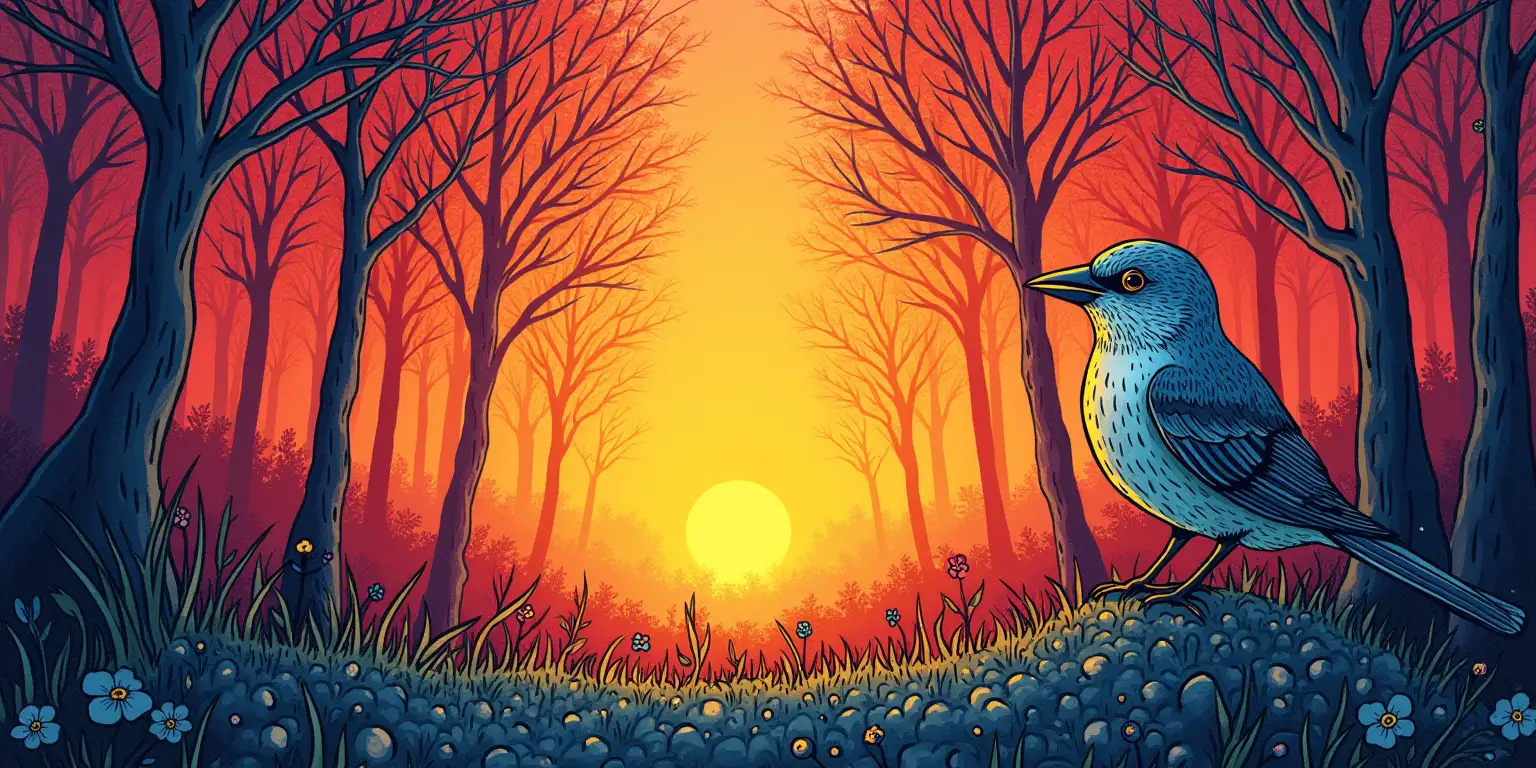 Surreal Sunset Scene Featuring a Small Sparrow in a DaliInspired Forest