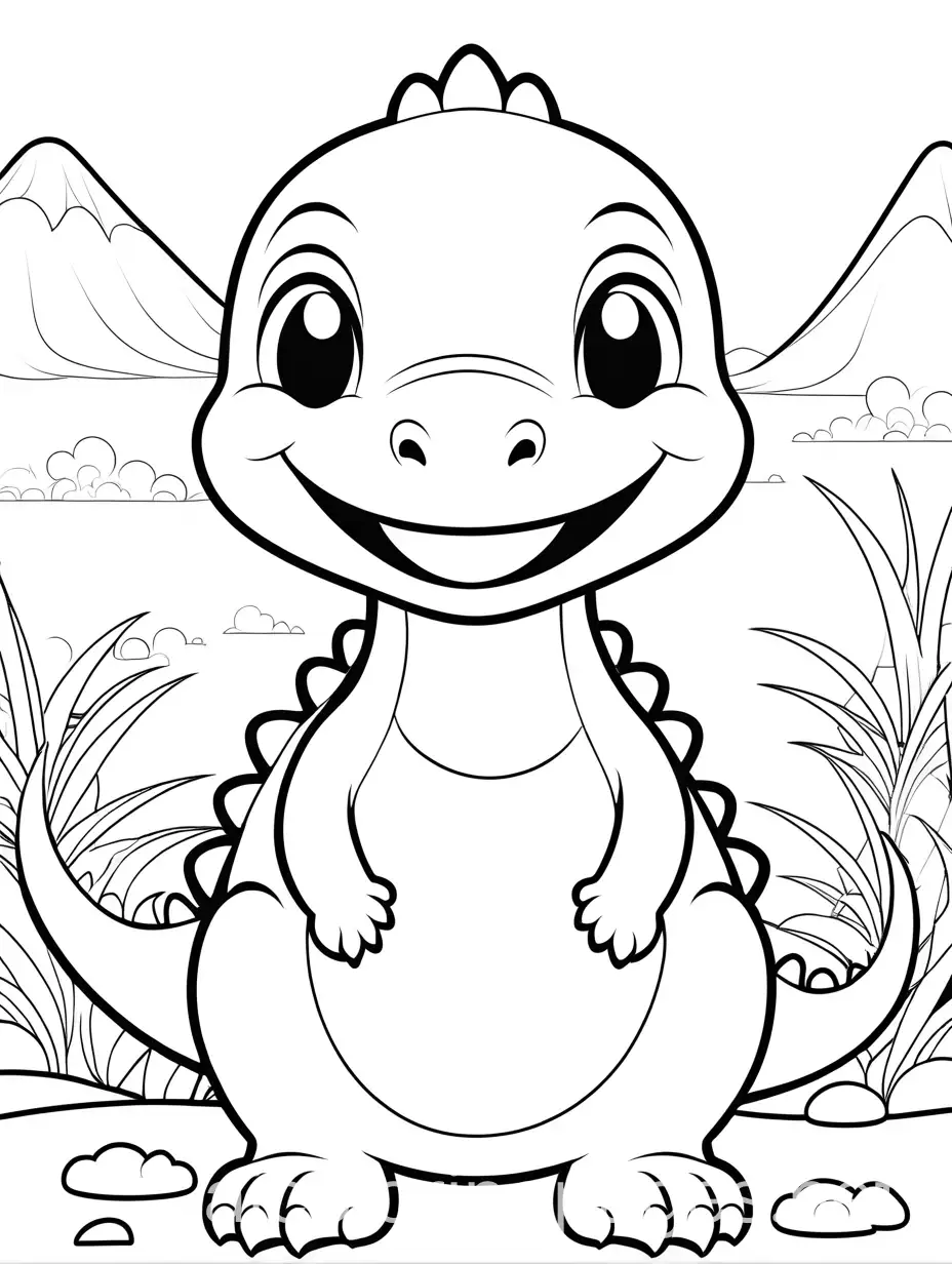 adorable dinosaur baby smiling, Coloring Page, black and white, line art, white background, Simplicity, Ample White Space. The background of the coloring page is plain white to make it easy for young children to color within the lines. The outlines of all the subjects are easy to distinguish, making it simple for kids to color without too much difficulty