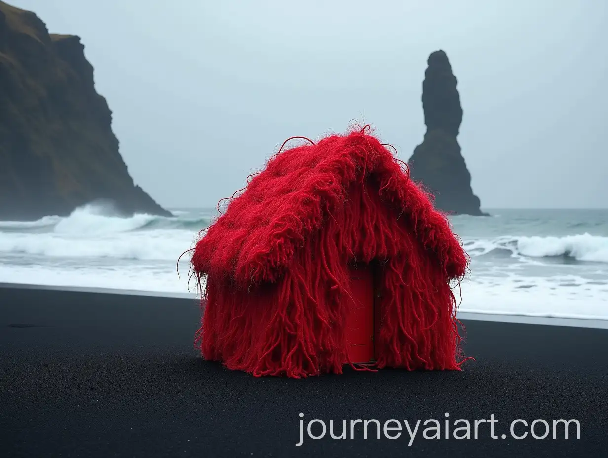 Surreal-Red-Yarn-House-on-Black-Lava-Beach-withAI-Image-Prompt-Expansion-Giant-Waves-and-Basalt-Cliffs