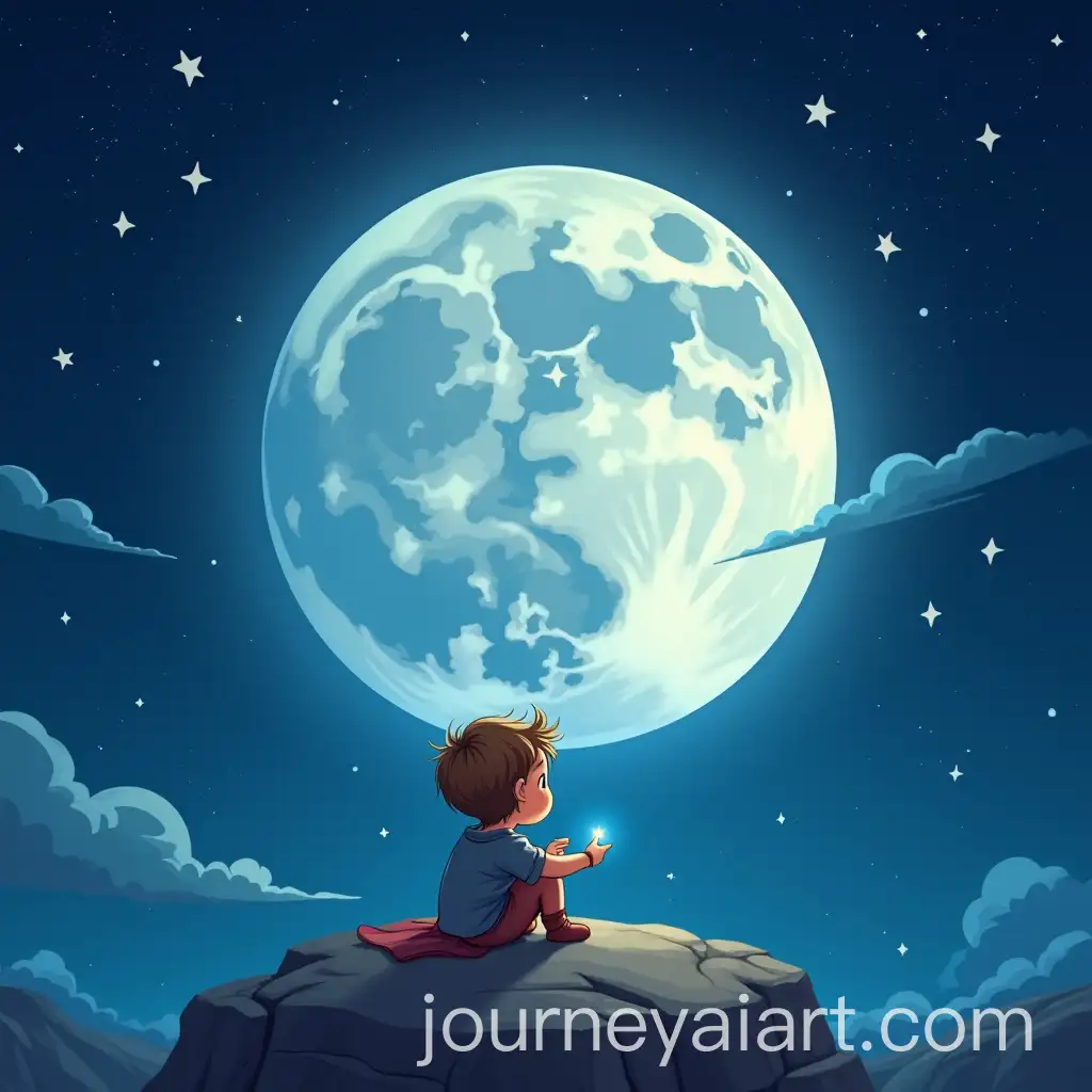 Childrens-Book-Illustration-Full-Moon-in-Space-Communicating-with-5Pointed-Star