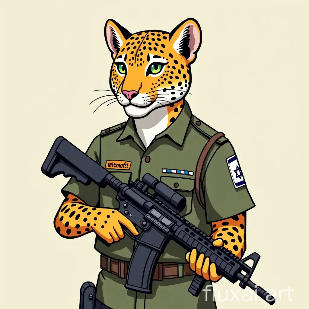 leopard in Israel Defense Forces uniform, anthropomorph, Mitznefet, armed with semi-automatic gun.  Anime Style