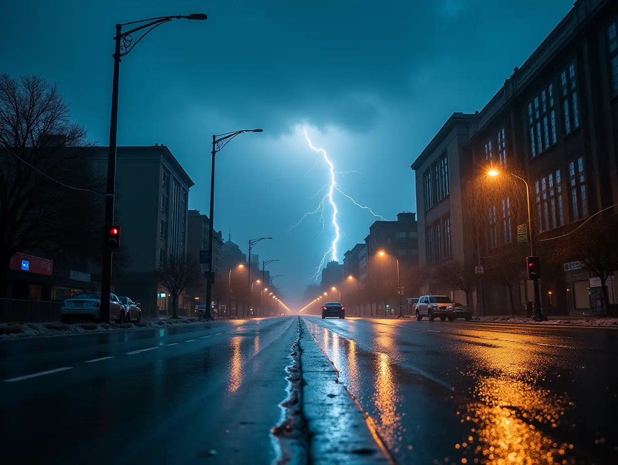 image of on the street, up close, water, rain, lightning, clouds, flooding in the city