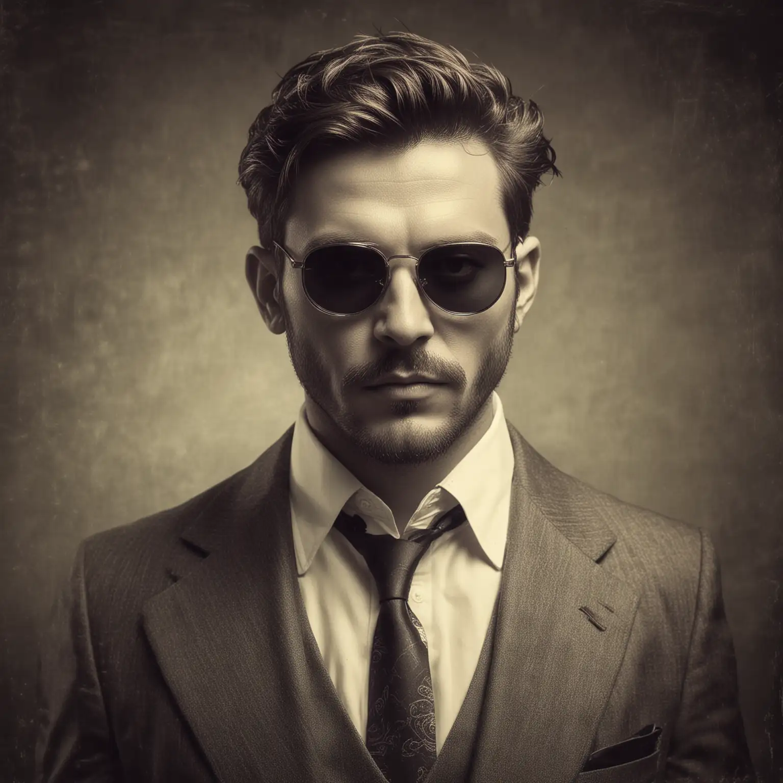 Boss of the gang, with extraordinary aura, wearing a pair of sunglasses, old photo style