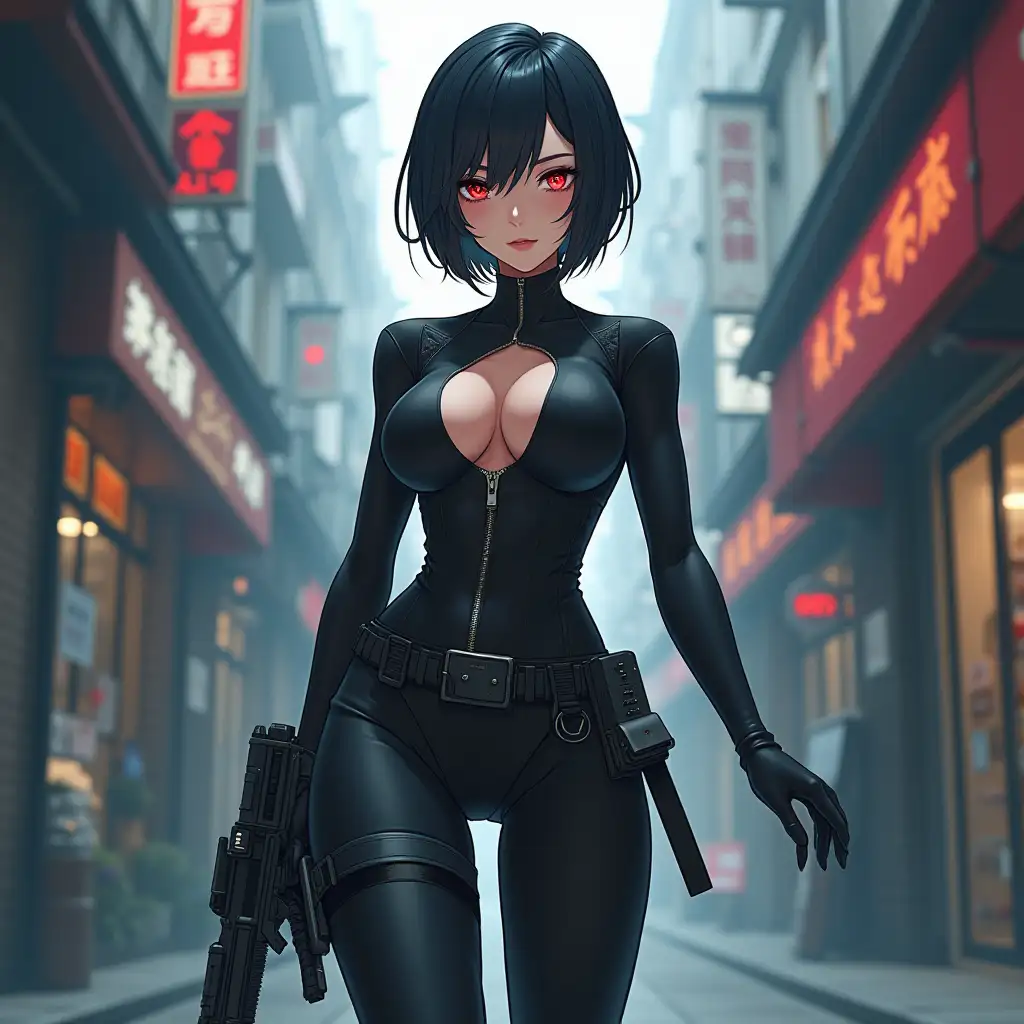 Short hair, mature Asian woman thief cyber runner in a dynamic full-length pose, eyes with red electronic pupils, large breast, extreme skintight body glove zipped down with cleavage, combat boots and combat belt. Full view of her body from boots up, low wide angle. Future store filled city alley street. Anime