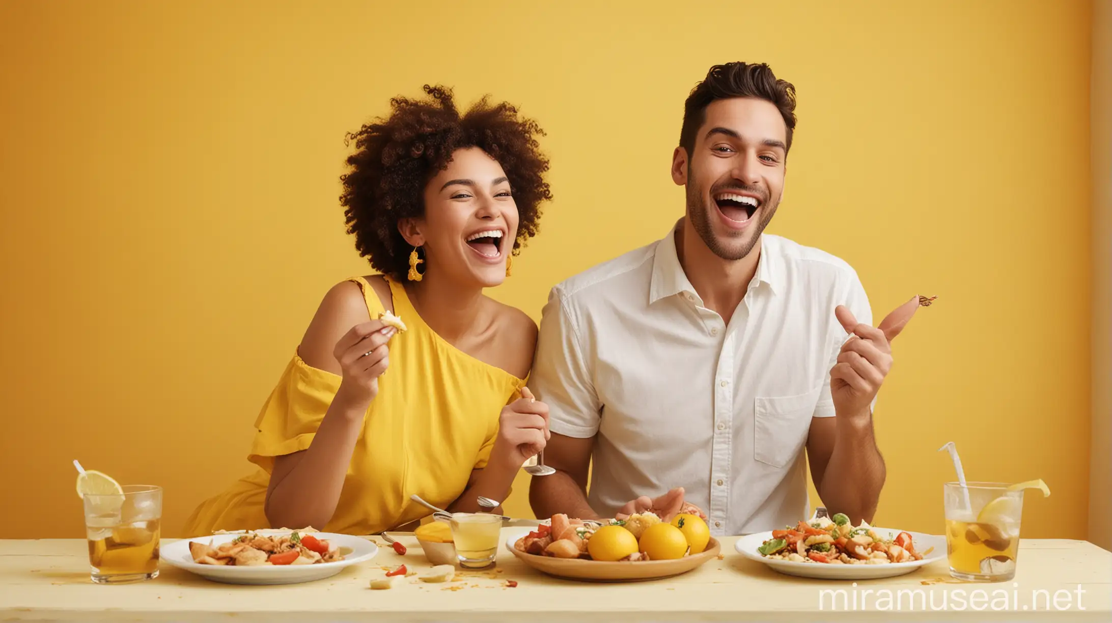 Happy Couple Enjoying Food in a Bright Yellow Room