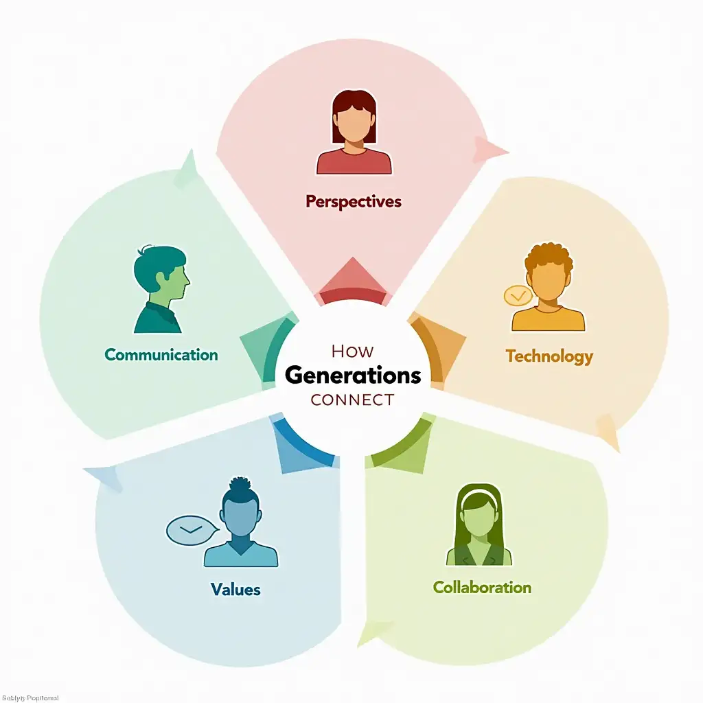 A colorful infographic showing : how different generations connect, with icons. Just Focus on title and key points: 1. Perspectives 2. Communication 3. Technology 4. Values 5. Collaboration.