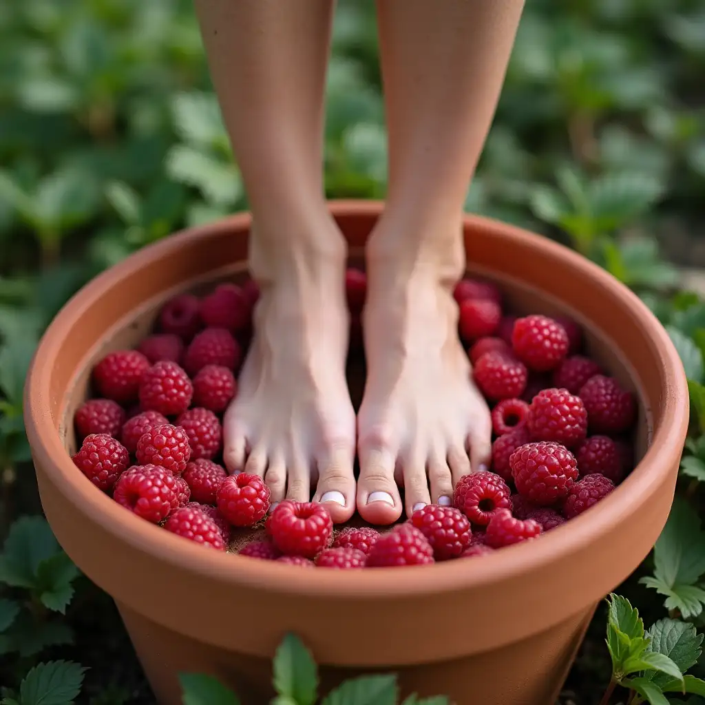 feet on raspberries in a large clay pot. cellphone photo style