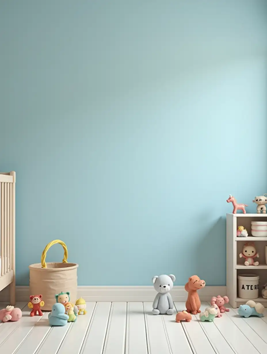 nursery room with more toys on the floor. the wall is empty in bluish theme