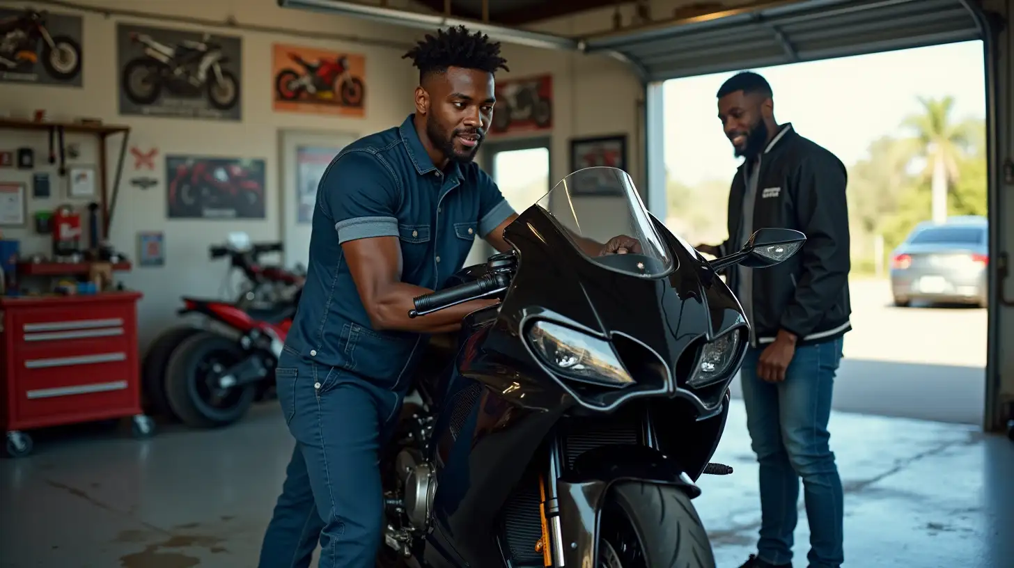 Young Mechanic Working on Sleek Black Superbike in Garage