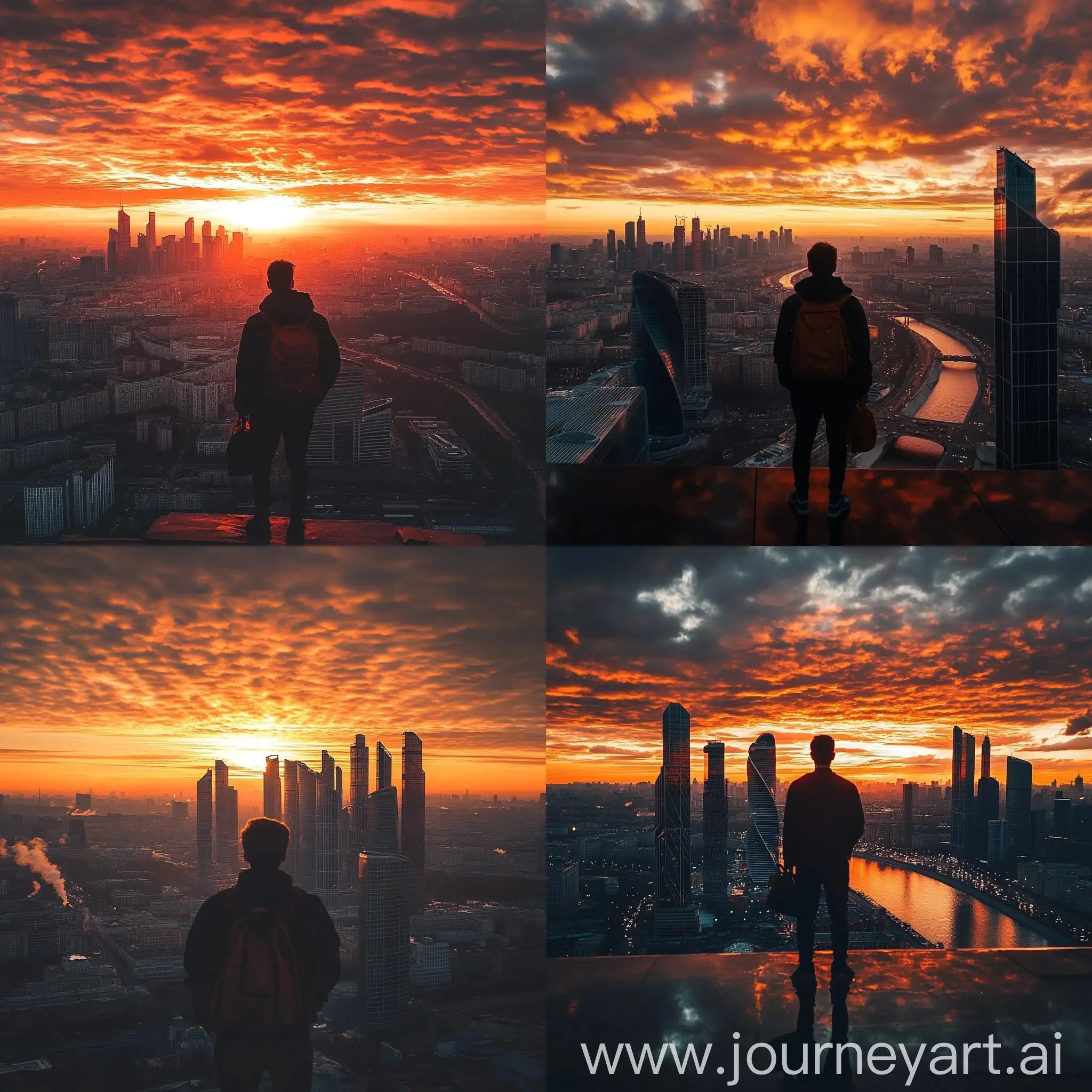 Moscow-City-Sunset-View-with-Silhouette-of-Young-Man