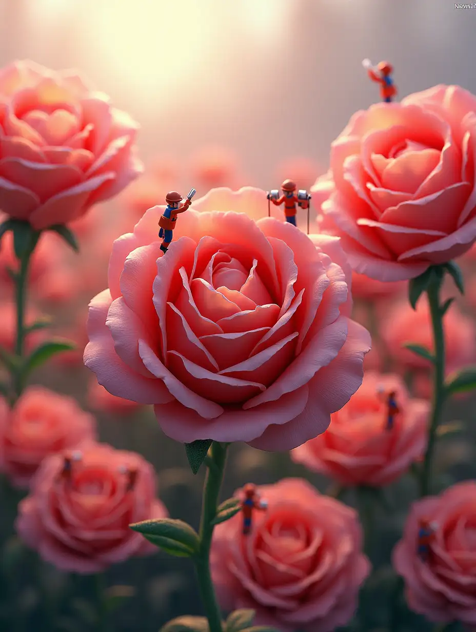 Nano image of giant roses with a number of workers working on them