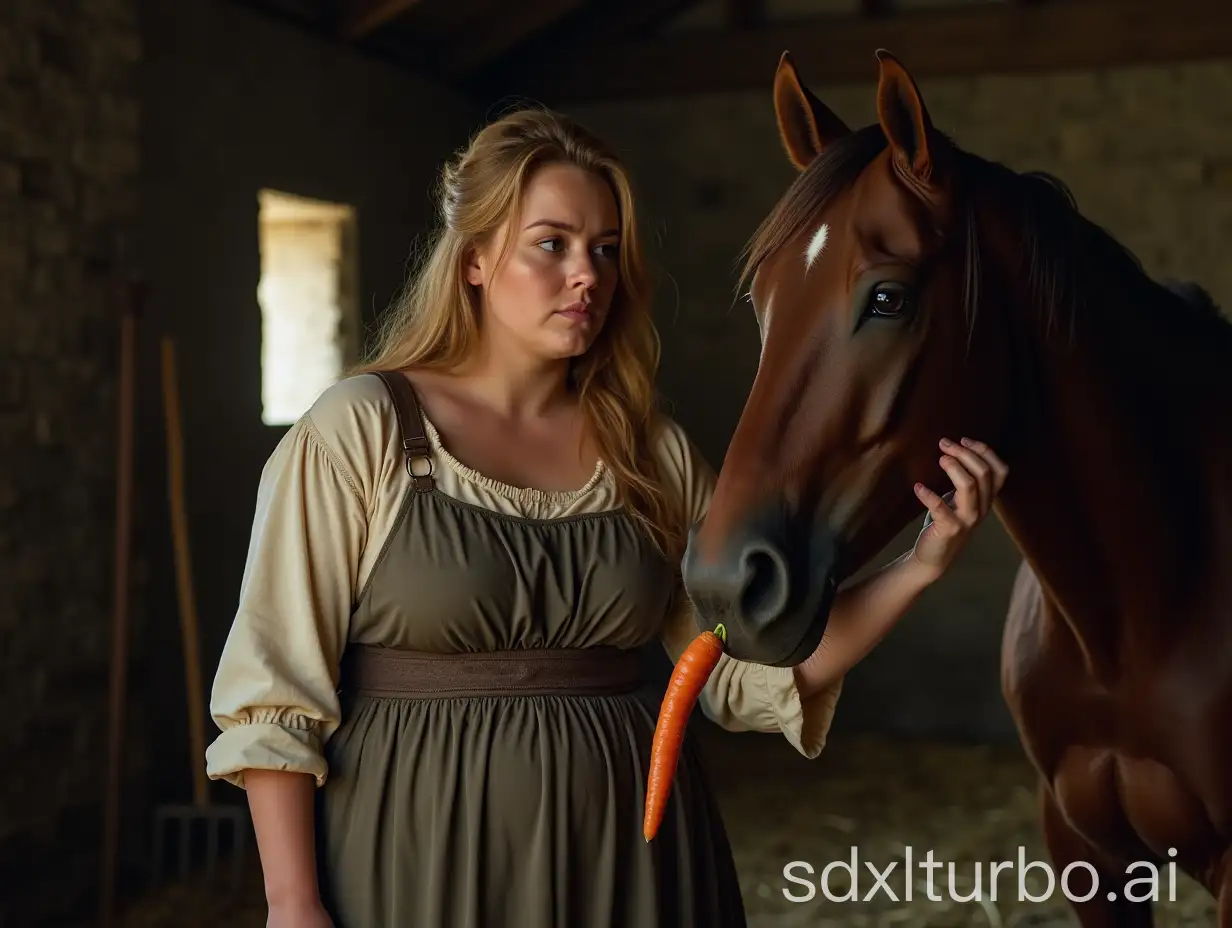 Medieval-Peasant-Woman-Feeding-Horse-in-Castle-Stable