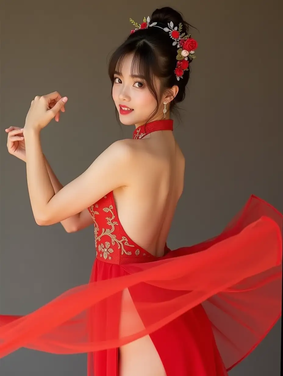 A photograph captures a mesmerizing cute Chinese young adult. She is wearing a frontless qipao and is posing gracefully for a playful photo shoot. As she dances and spins, the skirt flares out beautifully. Her hairstyle features see-through bangs with face-framing, complemented by a stunning hairpin, headpieces, and earrings. With a flirty gaze toward the camera, she displays a pose in vibrant, lifelike detail. The exquisite lighting enhances the overall effect of the image.