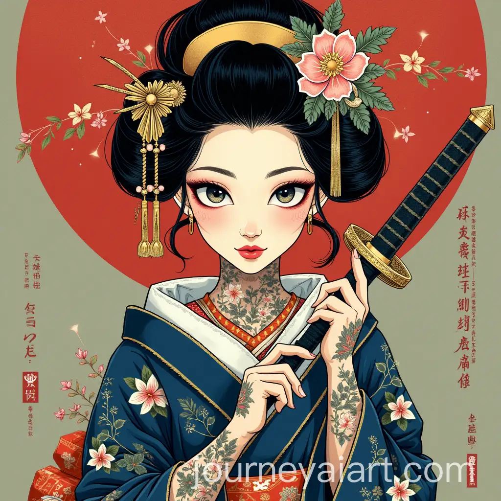 Geisha-Woman-with-Tattoos-Holding-Sword-in-Ukiyoe-Style-with-FloralAI-Image-Prompt-Expansion-Patterns