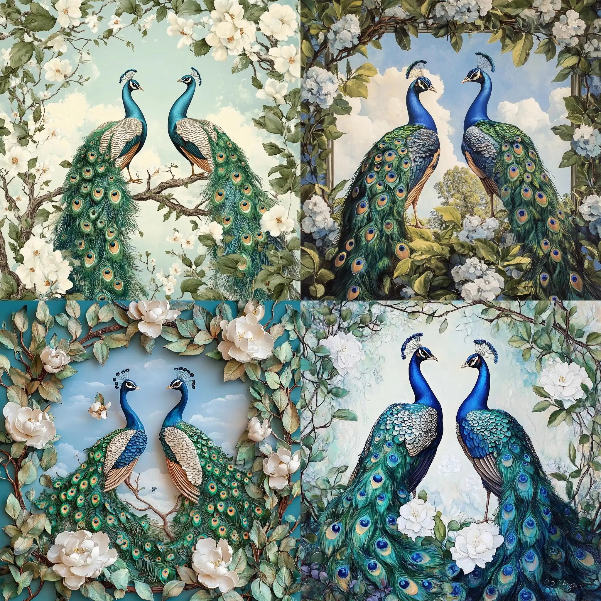 Two-Peacocks-Sitting-in-Blossom-Tree-Frame-by-Blue-Sky