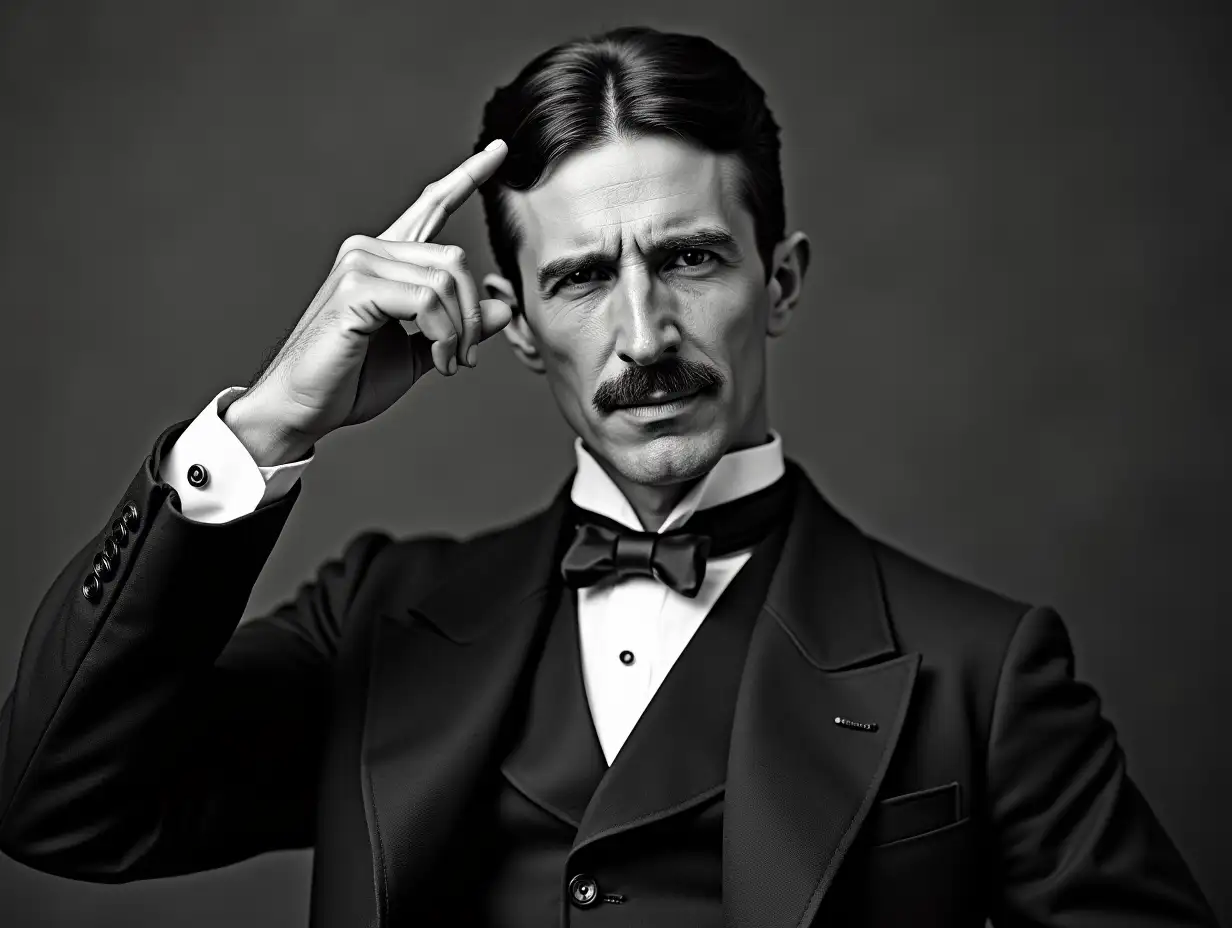 Nikola Tesla is putting his right index finger to his head as a sign that he is asking people to think