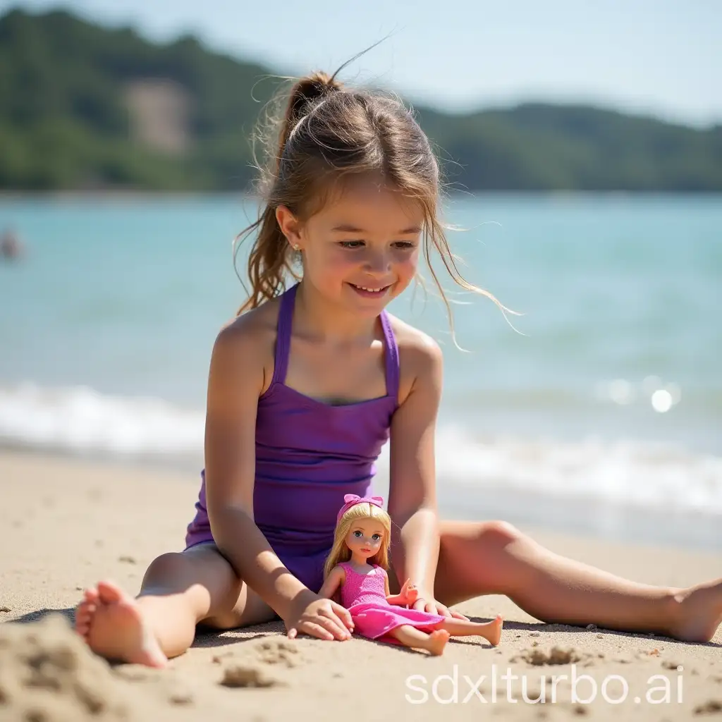 Brunette-Girl-Enjoying-a-Day-at-the-Beach-with-Barbie-Dolls