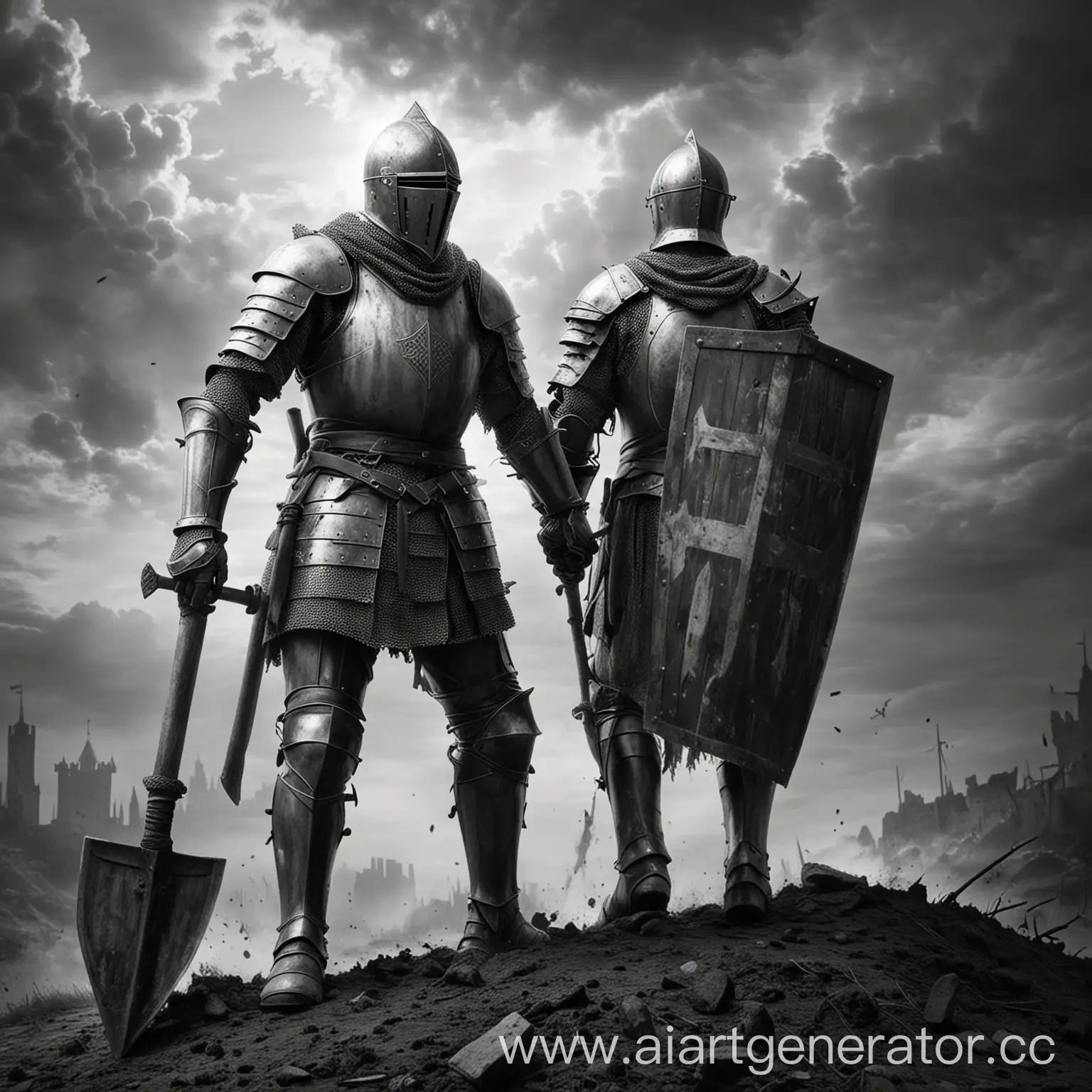 Knight-on-a-Crusade-with-a-Shovel-in-Black-and-White