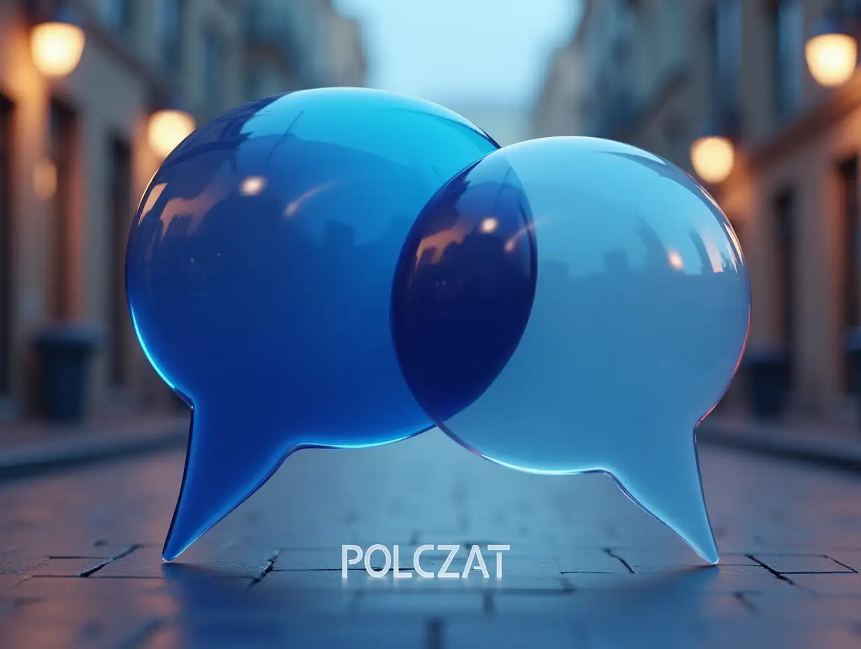 Create a realistic 3D rendering of two interlocking speech bubbles. The first speech bubble is dark blue, and the second has a gradient of lighter blue. Each speech bubble should have a shiny, reflective surface, giving them a polished and slightly transparent glass-like appearance. The shapes should retain their iconic design with smooth, rounded edges and a modern aesthetic. The background should be realistic and softly lit by street lights to emphasize the 3D effect of the speech bubbles. The back speech bubble is slightly higher. The text POLCZAT is written underneath