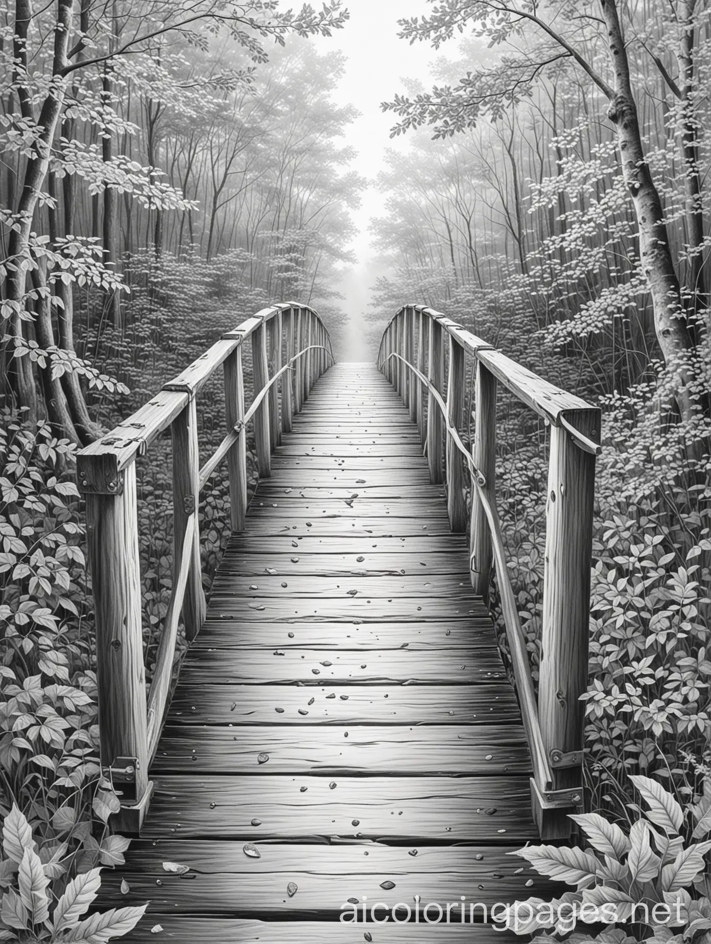 Wood-Bridge-Surrounded-by-Autumn-Leaves-in-Black-and-White-Coloring-Page