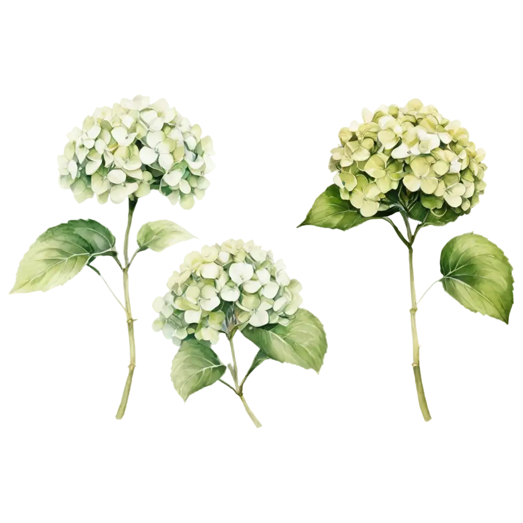 Set-of-Single-Hand-Drawn-Watercolor-White-and-Green-Hydrangea-PNG-Image-for-Artistic-Projects