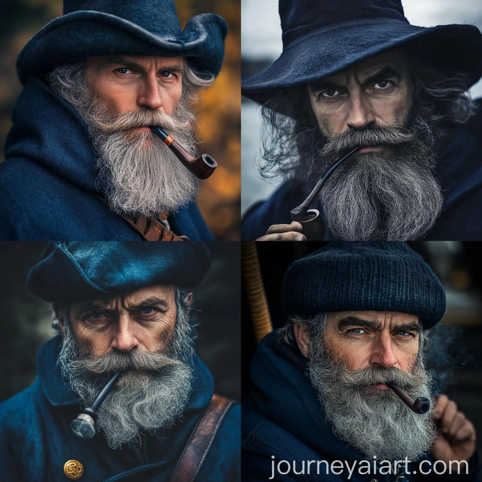 Grizzled-Lighthouse-Keeper-in-Medieval-Style-Hat-and-Coat-Smoking-a-Pipe