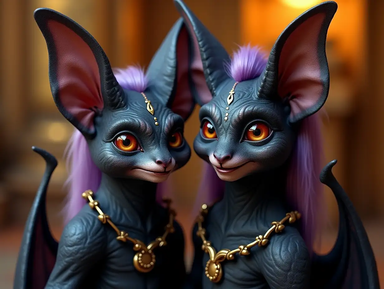 Two young black and white patterned bats with alien face, with purple hair, with a slight smile on their faces, accentuating their smile, modern retro jewelry, in a temple with lots of gold in various shades 4k