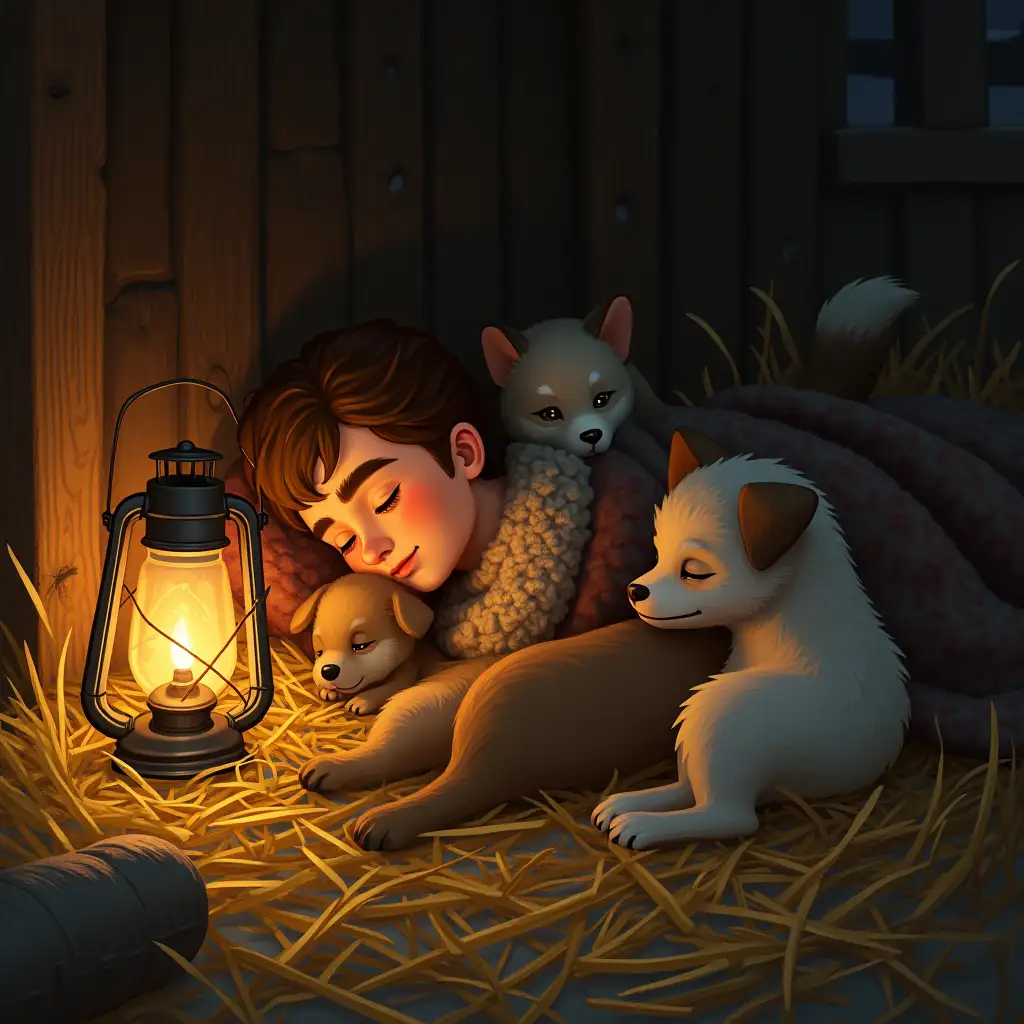 Child-and-Animals-Resting-Together-in-a-Cozy-Hay-Nest-at-Night