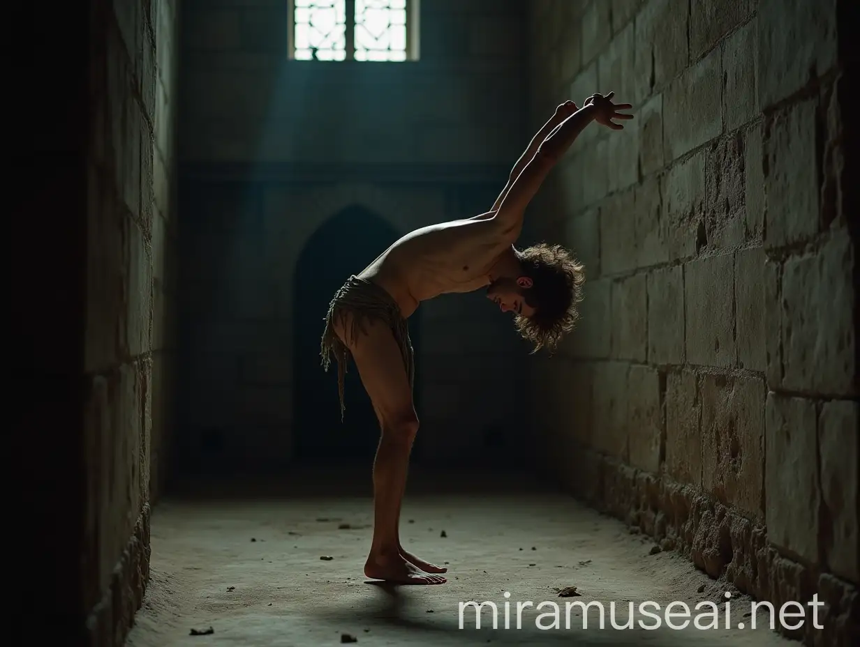 A low angle, full body shot of an extremely lean, handsome young man, about 18 years old, standing barefoot on his toes on a cold, dirty stone floor in a dimly lit, wide ancient vault. His body is positioned to the left, showing his right side, his head bowed humbly, gazing at the floor, his long, tousled hair unkempt. His slender, delicate frame glistens with sweat. He wears a ragged, torn and ripped loincloth, thin with age, barely covering his dirty body. His expression is desperate, begging and fearful, accentuating his vulnerability. He stretches his arms out, above his head, as much as possible crossing his wrists high up in the air. His lean body maximally stretched out. The damp prison walls, thick with dust, dirt, and cobwebs, heighten the oppressive atmosphere. Faint light filters through a small grated window, casting dramatic shadows across the scene. The dramatic interplay of light and shadow focuses on extreme realism, capturing the suffering of the young man and the harshness of his environment, with vivid colors and meticulous attention to every agonizing detail. Shot with a Nikon Z7 II, 50mm f/1.4 lens, shallow depth of field.