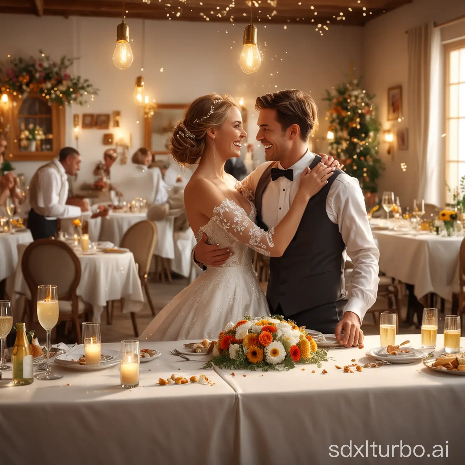 Elegant-Wedding-Celebration-with-Newlyweds-and-Guests-in-Warmly-Lit-Restaurant