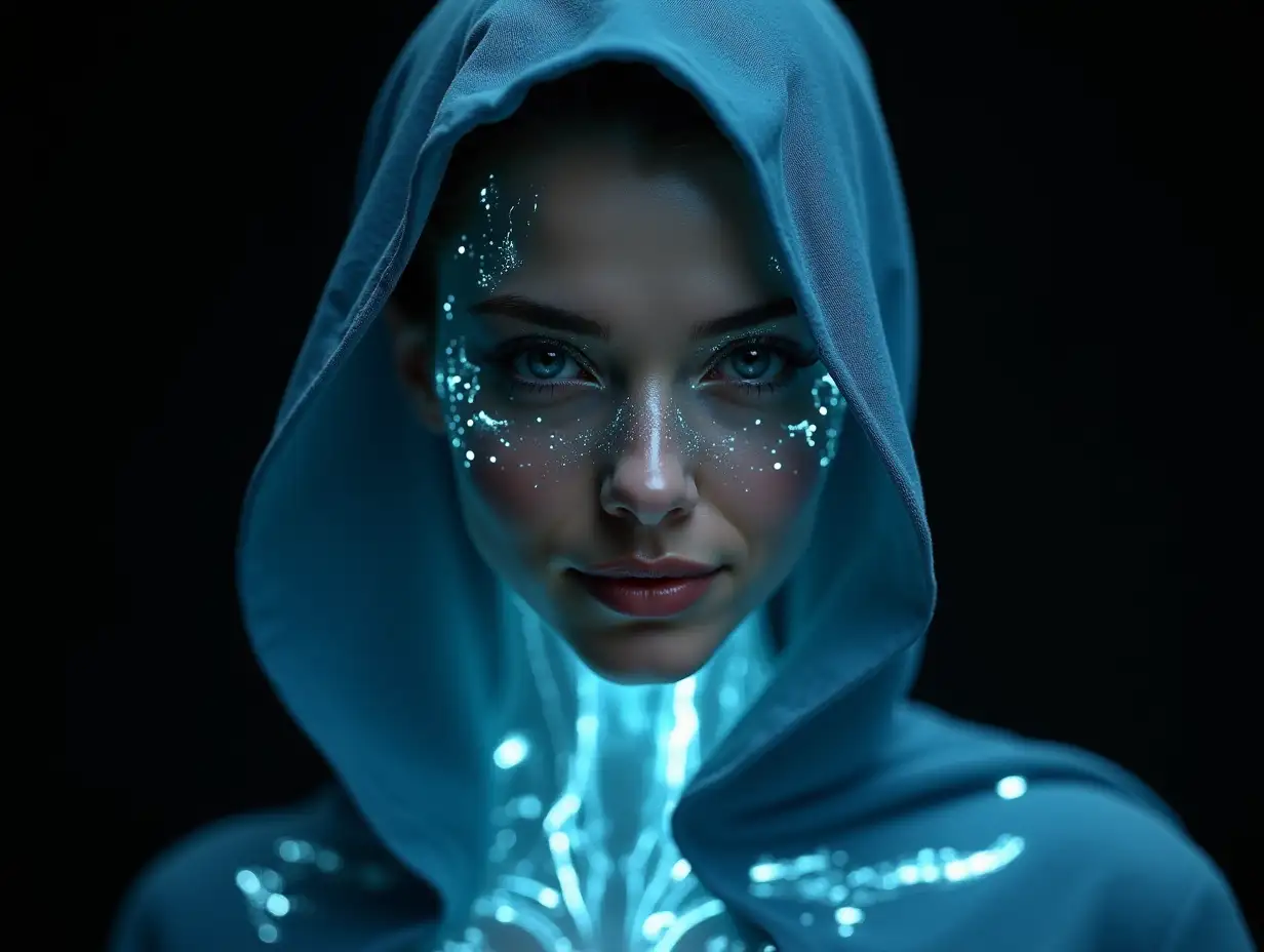 Fantasy art portrait in low key with extreme realism and high definition of a woman with transparent skin with a fine and fragile crystal texture under which you can see complex circuits with highly realistic and bioluminescent microchips. Jet black eyes and a soft smile. She wears a cape with a wide hood made of extremely realistic light blue velvet in its soft texture. Black background