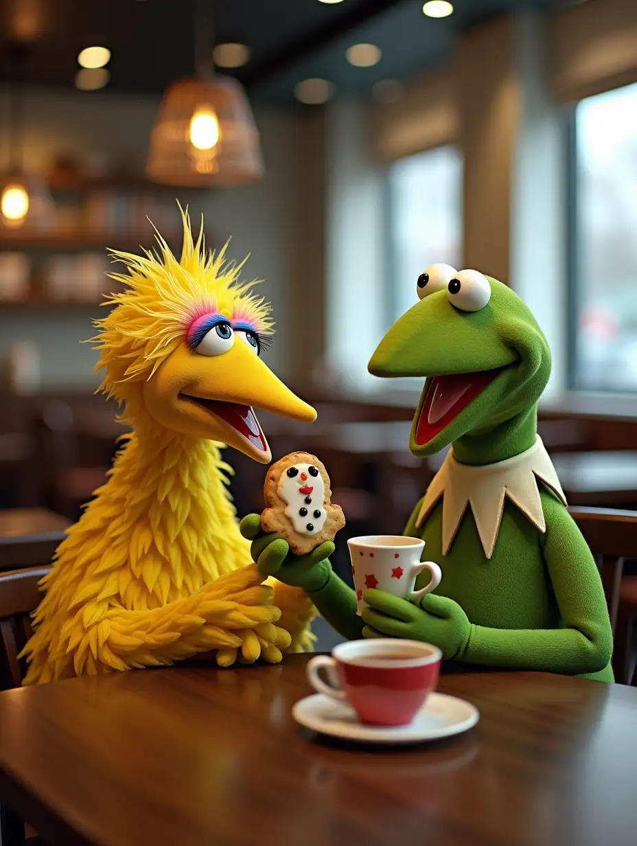 kermit the frog and big bird at starbucks together. They are sitting together and chatting with each other. Big bird is eating a snowman cookie and kermit is having a royal english breakfast tea