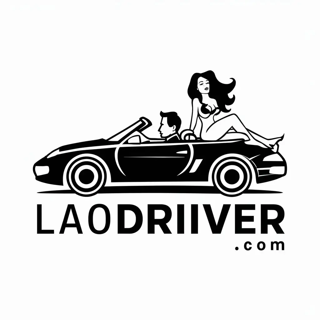 a vector logo design,with the text "laodriver.com", main symbol:Handsome guy driving a convertible car, with a seductive woman sitting next to him, black and white, simple, simple lines,complex,be used in Entertainment industry,clear background