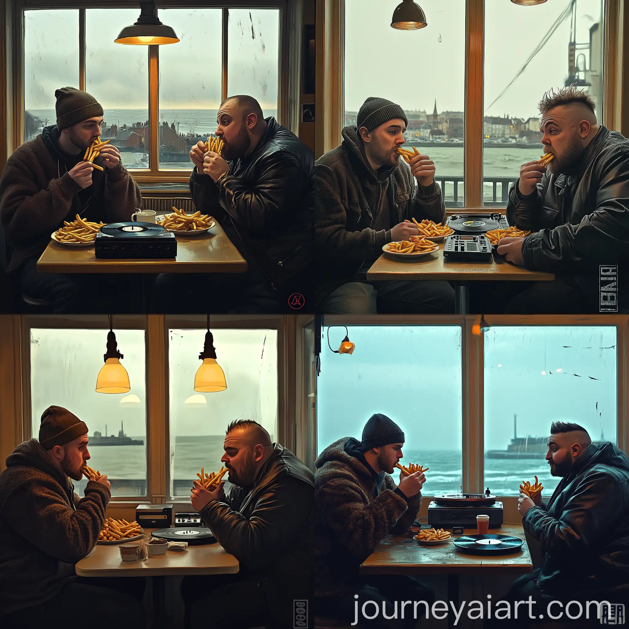Caf-Scene-with-Two-Men-Eating-French-Fries-by-the-Sea