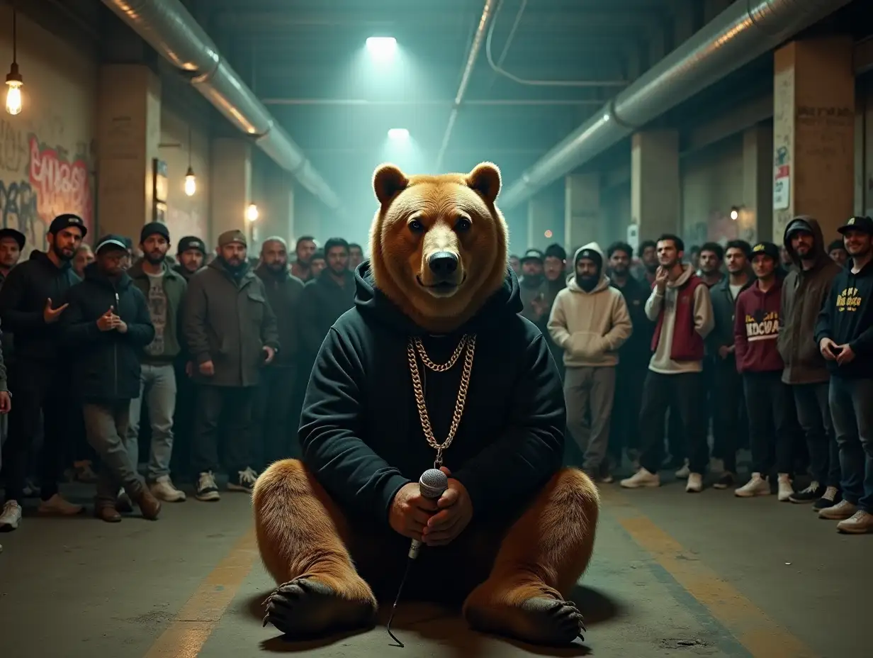 A CLOSUP SHOT  of a rap battle in an old, gritty warehouse. In the center, a massive grizzly bear sits confidently holding the mic like a seasoned rapper. The bear is dressed in a gangster style, wearing a large gold chain and a black hoodie, looking tough and ready to spit bars. The warehouse around him is dimly lit, with scattered crates, industrial lights hanging from the ceiling, and graffiti-covered walls. A crowd of diverse people, dressed in streetwear, surrounds the grizzly bear IN THE BACKGROUND, cheering and vibing with the intense battle. The atmosphere is tense, with spotlights shining down on the bear while others stand in the shadows, eagerly waiting for the next move. The scene captures the raw energy of an underground rap battle, with the polar bear’s commanding presence at the center of it all.