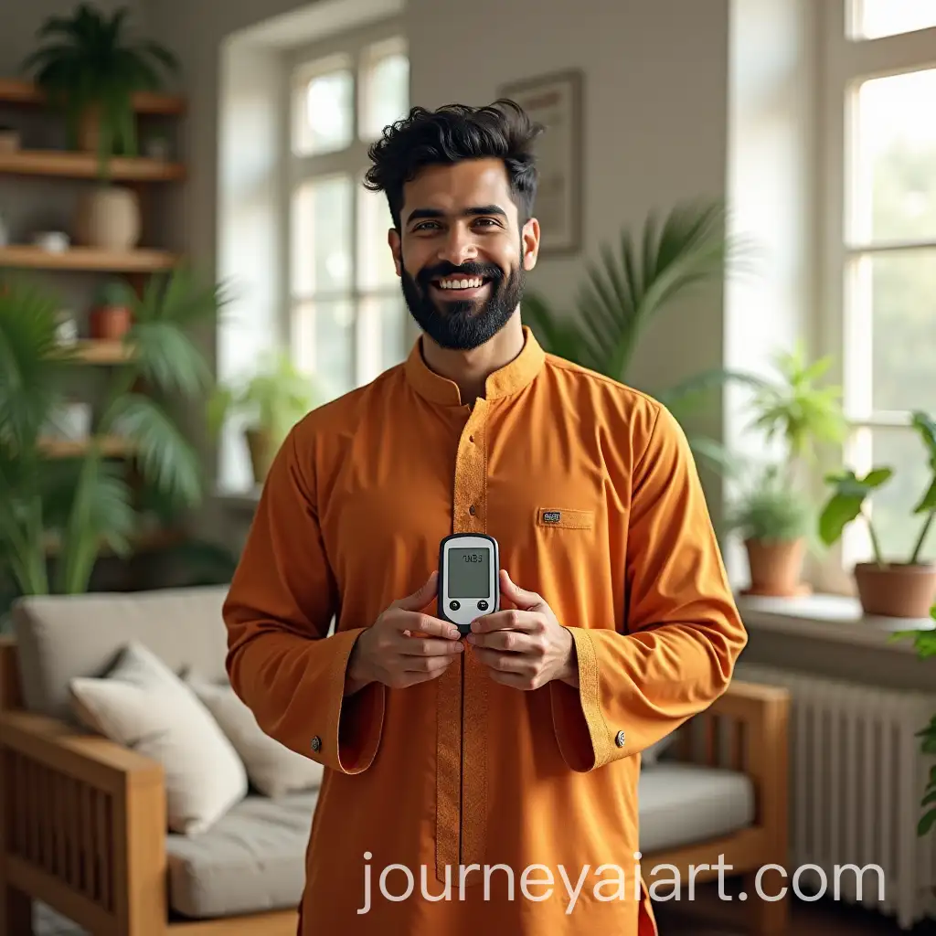 Cheerful-Indian-Man-Holding-Glucometer-in-PlantFilled-Living-Room