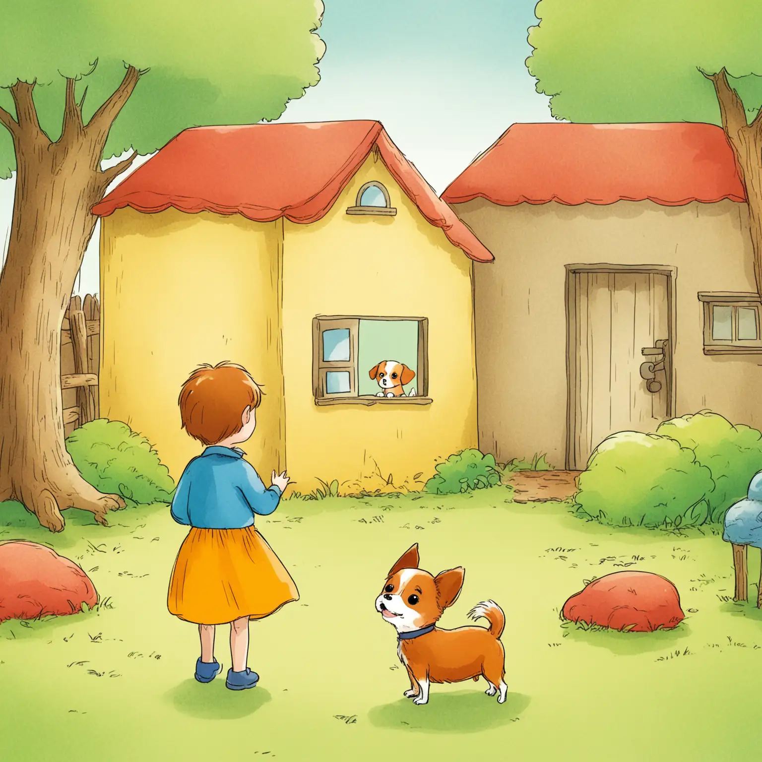 a children's illustration, cartoon feeling, scene contains a small dog, a person