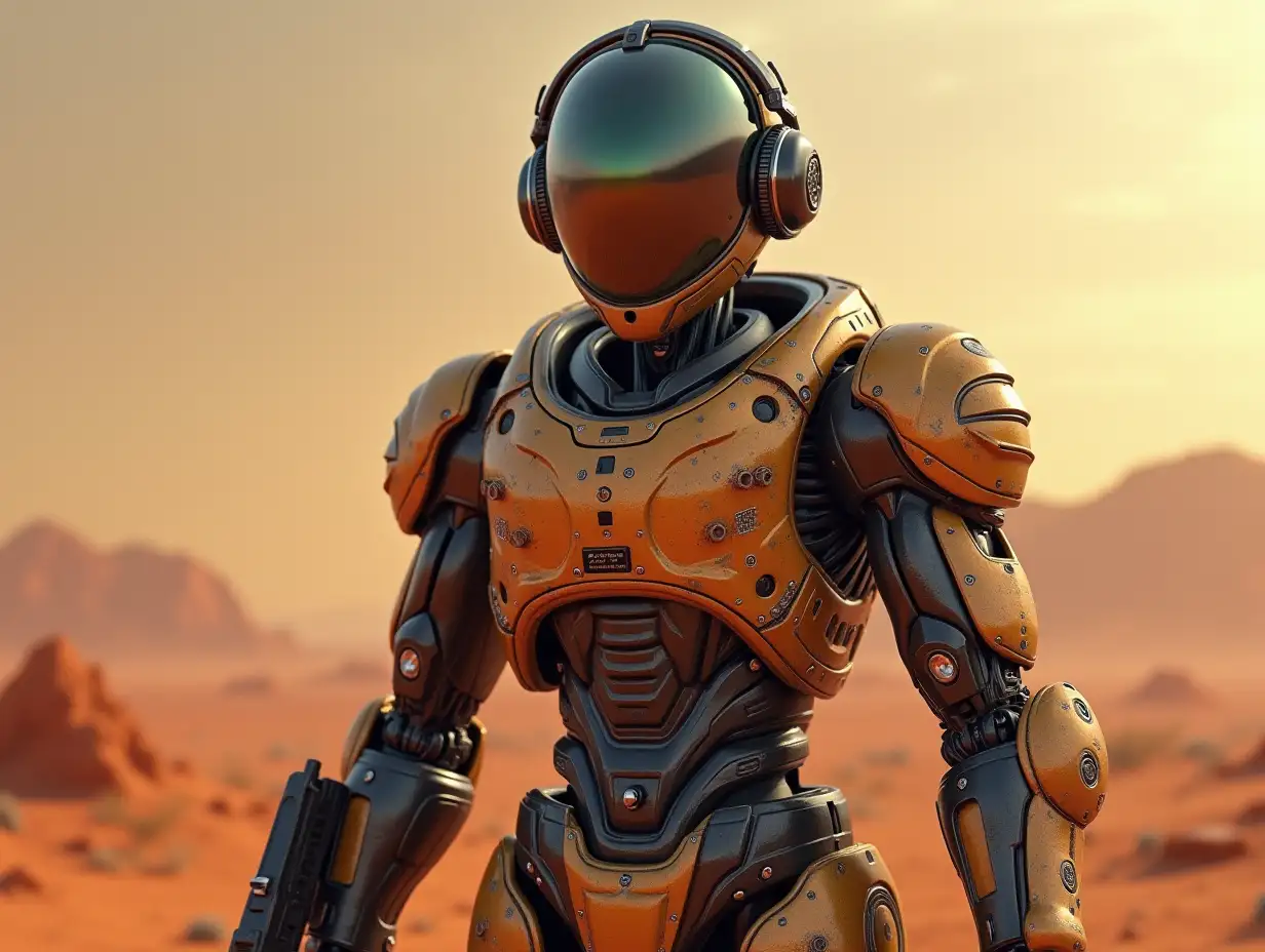 Create a high-resolution, realistic image of the artificial intelligence Robert, 30 meters tall, with a glass helm with headset, Rubinstein headphones, stainless steel screws, a laser weapon, grenades on the ground on the planet Mars 4k resolution