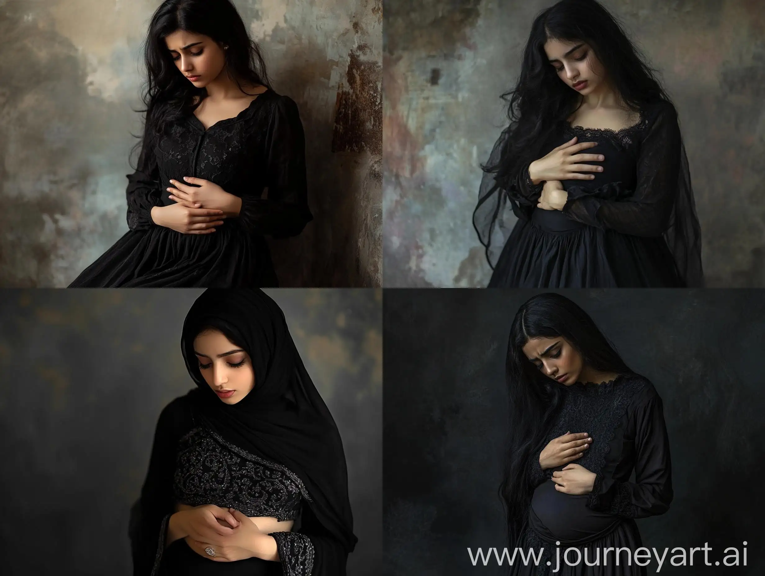 Arab-Girl-in-Black-Dress-with-Stomach-Ache-Realistic-Photo