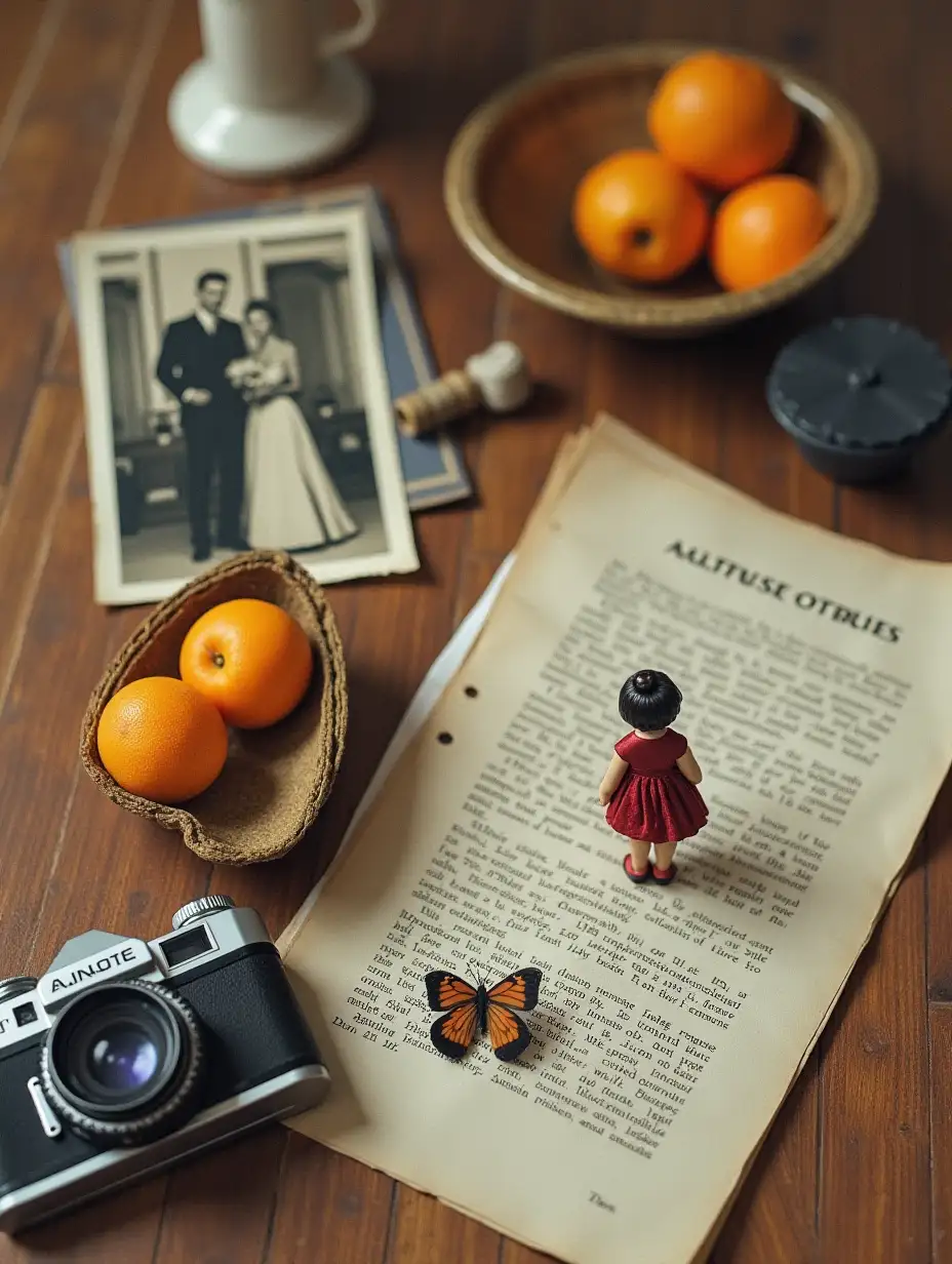 Nostalgic Table Collage with Vintage Objects and a Girl Figurine