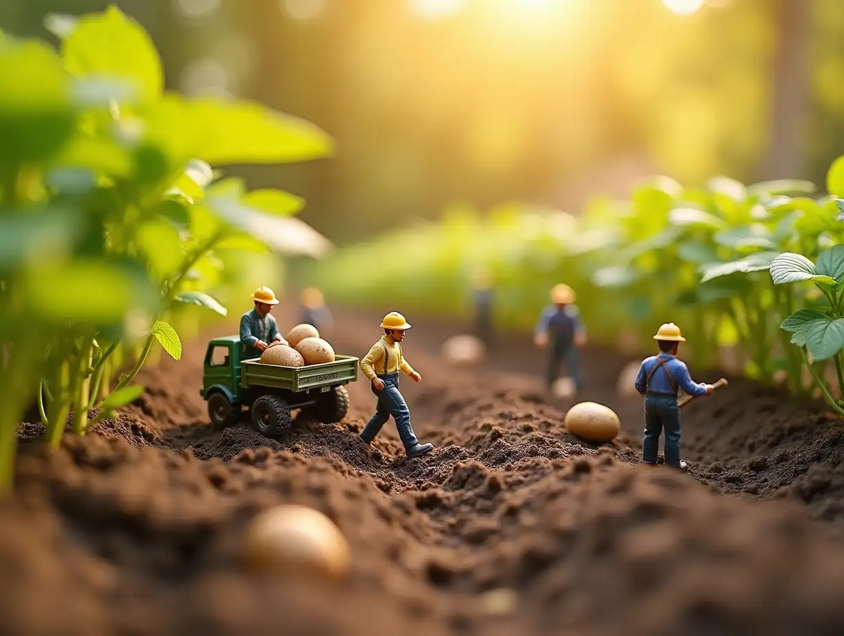 Realistic macro photos of small workers in the midst of growing potato tubers. The workers are about ten or so, each doing his or her own thing. Some are digging in the ground, others are loading potatoes into a lorry. The sun's rays can be seen through the greenery on the workers.   Warm atmosphere. a small world with detailed and elaborate themes.