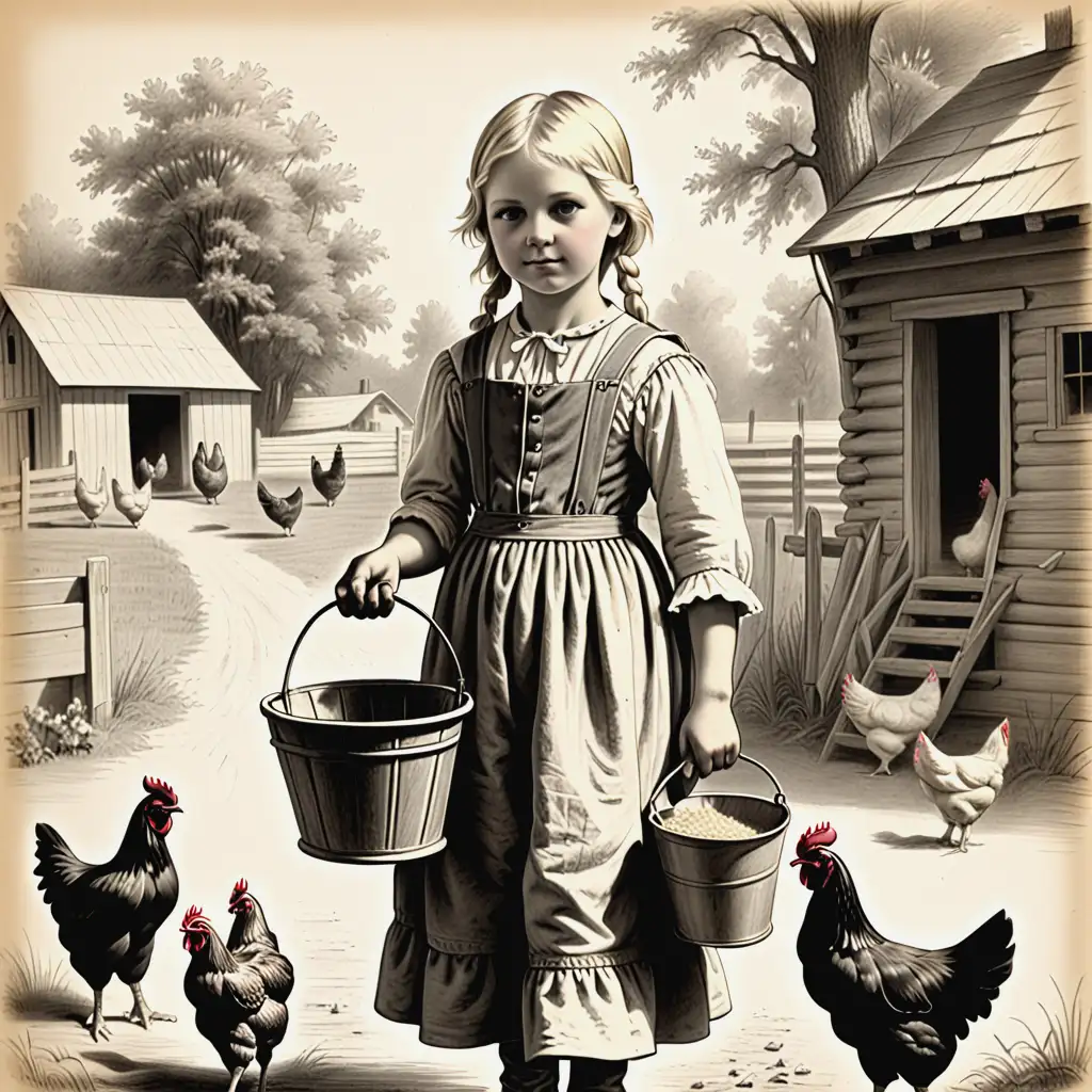 pencil drawing of young pioneer girl, blonde, carrying a bucket of feed to chickens, 1800's