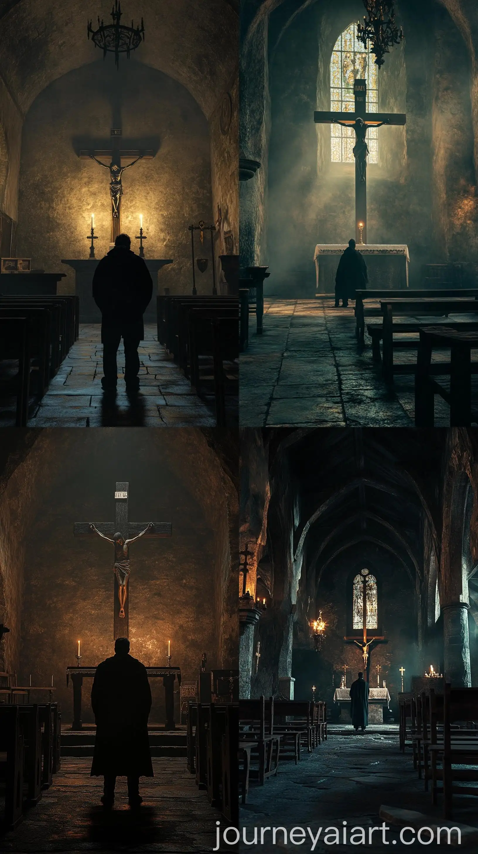 Franois-Confronting-Shadow-in-Medieval-Chapel-with-Crucifix-and-Candle