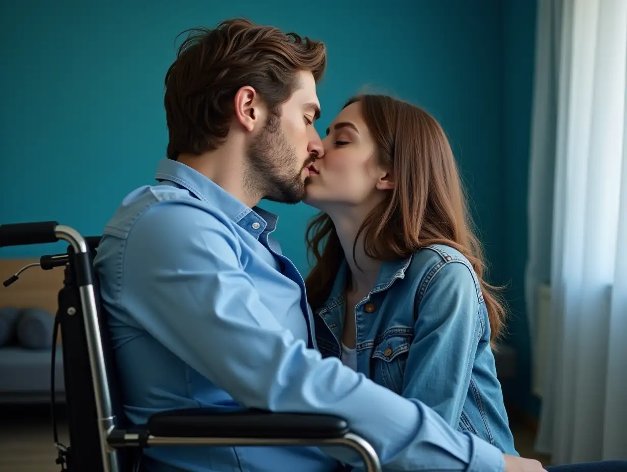 Young-Couple-Kissing-in-a-Modern-Room-with-Blue-Walls