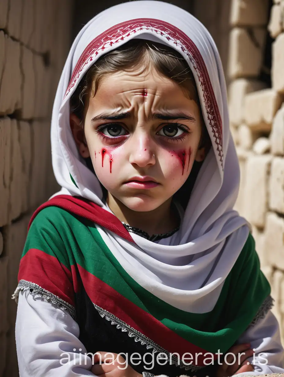 Create an image of a young girl wearing Palestinian clothing showing pain and sadness