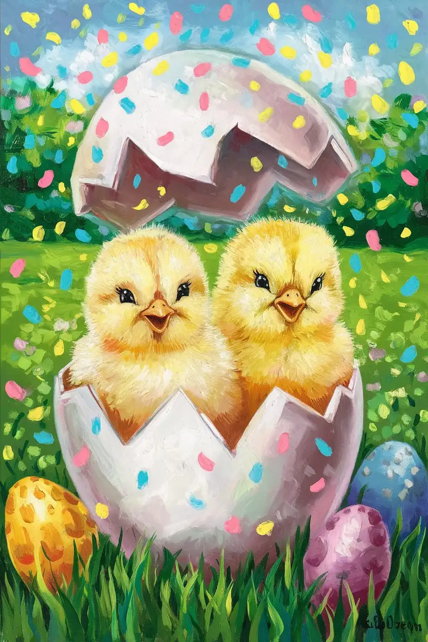 A cheerful oil painting of two fluffy yellow Easter chicks hatching from a cracked Easter egg, confetti and flower petals raining down. Bright and vibrant colors, playful and joyful mood, whimsical style, highly detailed, painterly.