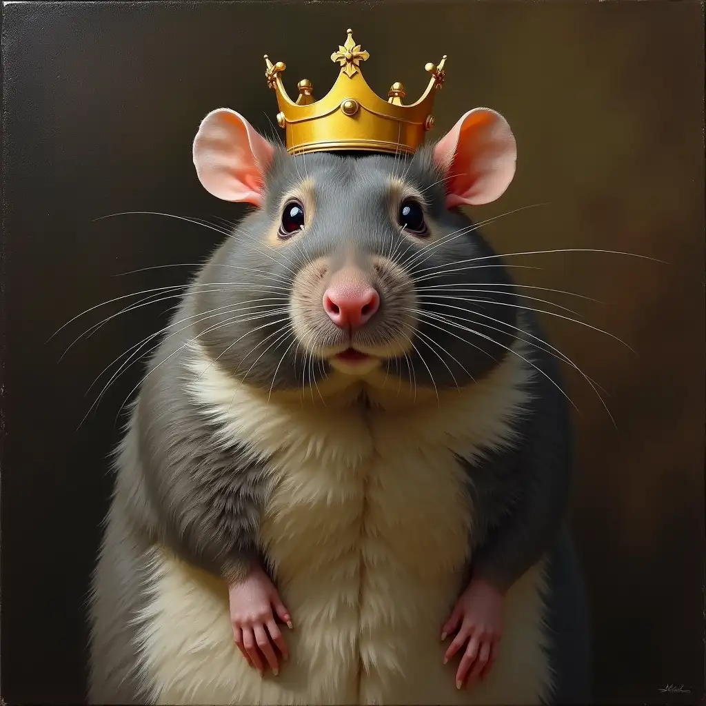 Portrait of a fat rat with a plain, gold crown on his head, creating an impression of royalty. Oil panting.